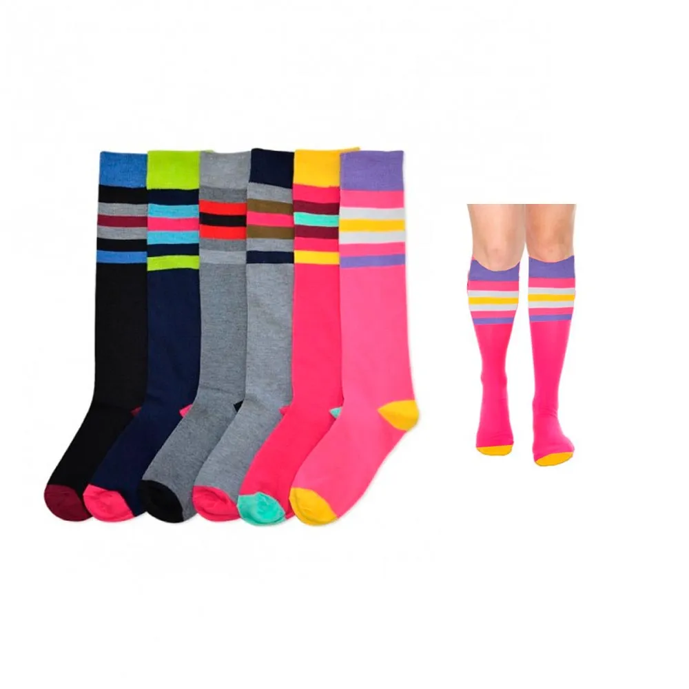 3 Pair Womens Girls Knee High Socks Lot Multi Pattern School Soccer Stripes 9-11