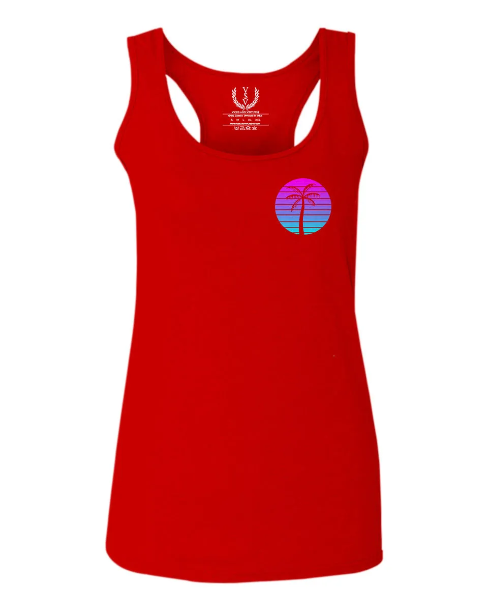 Front and Back Vaporwave Palm Trees Aesthetics Art Beach surf Sunset  women's Tank Top sleeveless Racerback