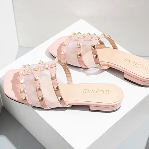 Women square toe studded strap slide sandals